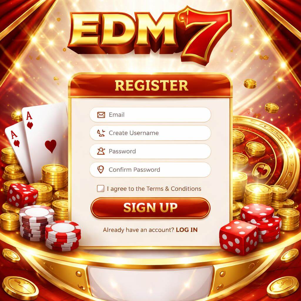 EDM7 player login interface for the casino platform with a wide range of slots card games and live dealer rooms
